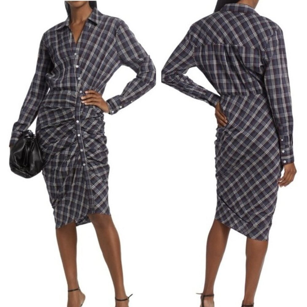 Veronica Beard Calvert Dress Plaid Mido Dress Size 2 Ruched Silhouette Cotton